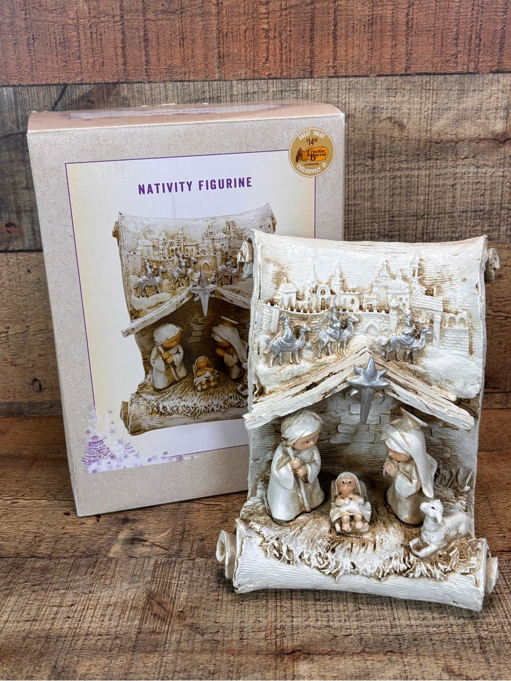 Nativity Scroll Figurine Set Christmas Decor Holy Family 3 Kings Star with Box